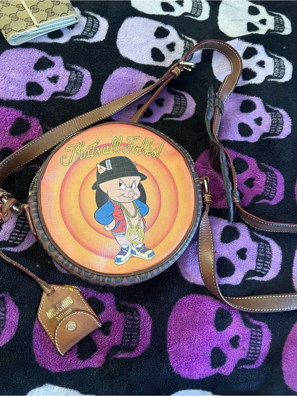 Moschino Orange 'That's All Folks!' Round Crossbody Bag